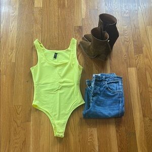 Valya- electric yellow square neck bodysuit